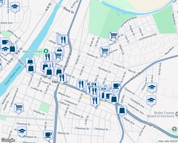 map of restaurants, bars, coffee shops, grocery stores, and more near 227 North 7th Street in Hamilton