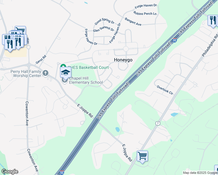 map of restaurants, bars, coffee shops, grocery stores, and more near 9107 Georgia Belle Drive in Perry Hall
