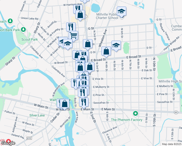 map of restaurants, bars, coffee shops, grocery stores, and more near 426 North 2nd Street in Millville