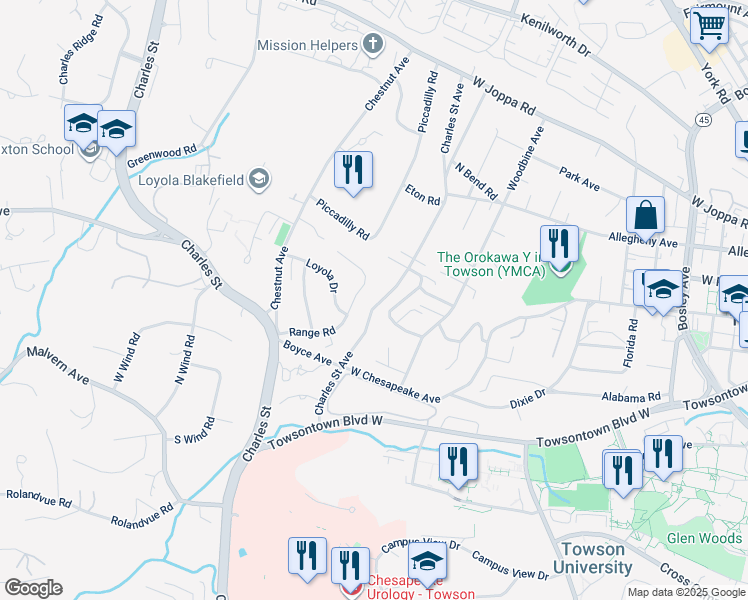 map of restaurants, bars, coffee shops, grocery stores, and more near 430 Charles Street Avenue in Towson