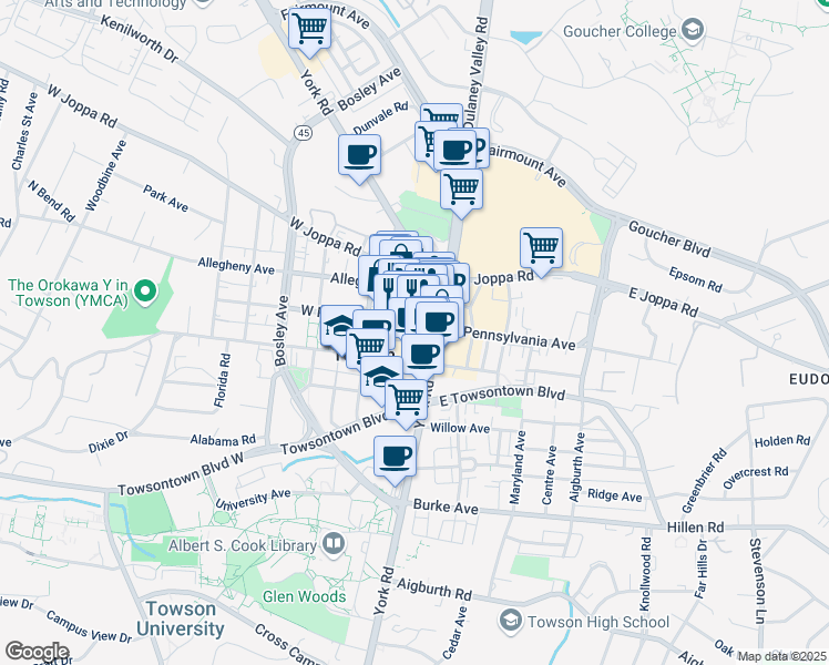 map of restaurants, bars, coffee shops, grocery stores, and more near 1 West Pennsylvania Avenue in Towson