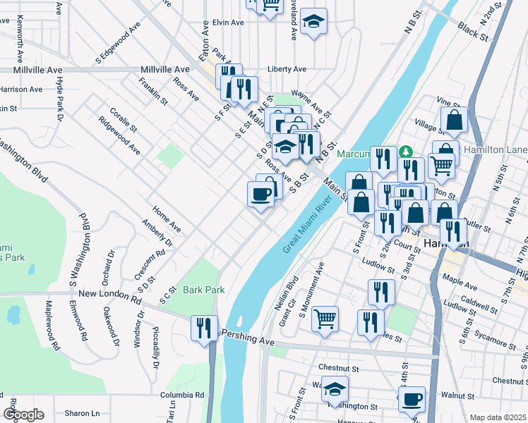 map of restaurants, bars, coffee shops, grocery stores, and more near 223 South B Street in Hamilton