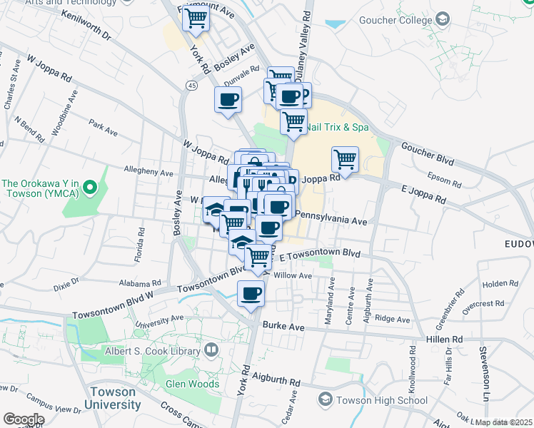 map of restaurants, bars, coffee shops, grocery stores, and more near 1 West Pennsylvania Avenue in Towson