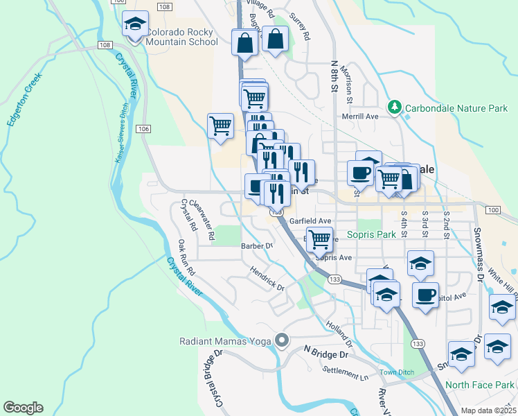 map of restaurants, bars, coffee shops, grocery stores, and more near 1033 Colorado 133 in Carbondale