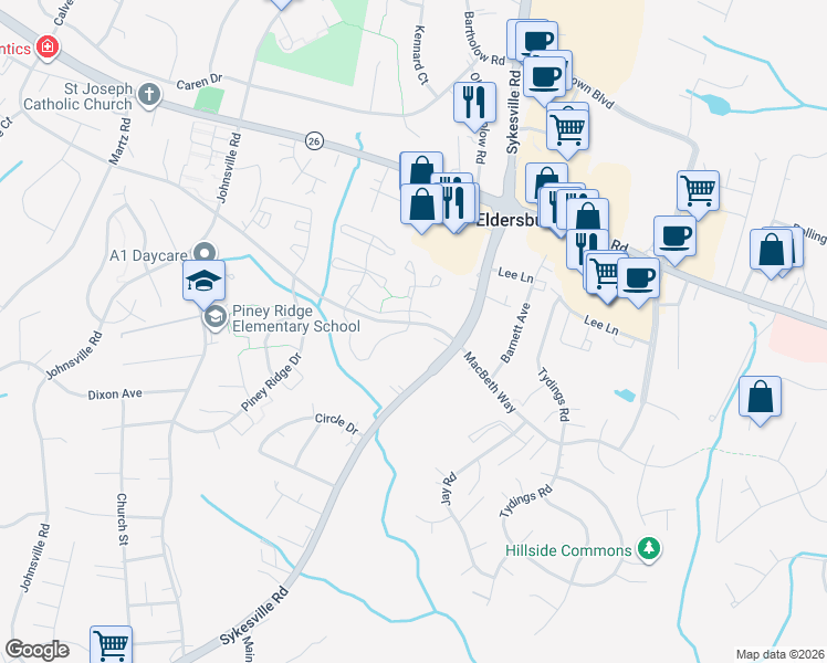 map of restaurants, bars, coffee shops, grocery stores, and more near 1149 Sassafras Circle in Eldersburg