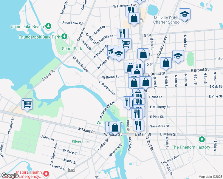 map of restaurants, bars, coffee shops, grocery stores, and more near 523 Columbia Avenue in Millville