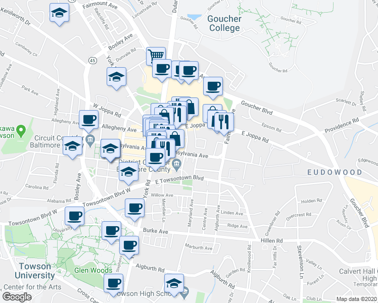 map of restaurants, bars, coffee shops, grocery stores, and more near 185 East Pennsylvania Avenue in Towson