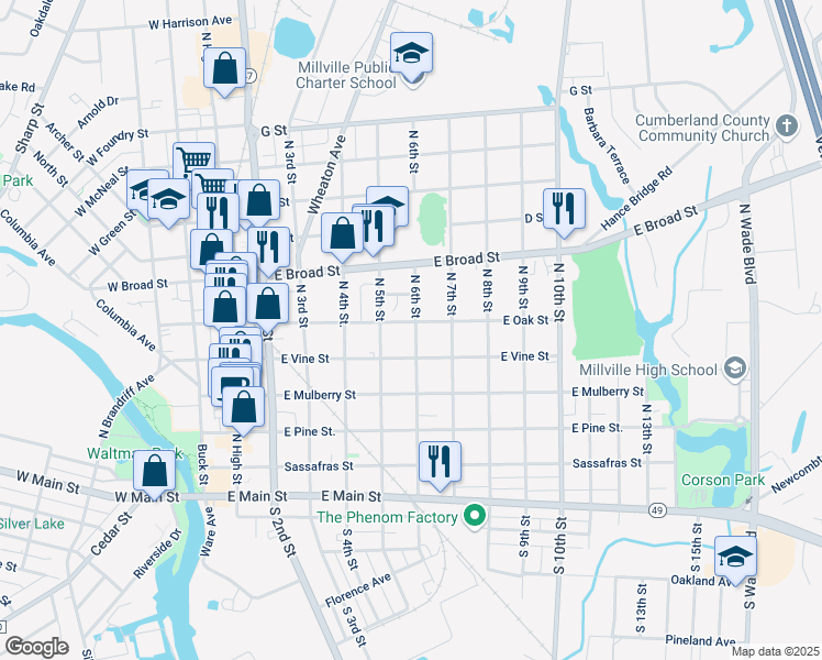 map of restaurants, bars, coffee shops, grocery stores, and more near 519 E Oak St in Millville