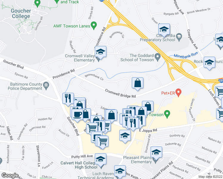 map of restaurants, bars, coffee shops, grocery stores, and more near 928 Cromwell Bridge Road in Towson