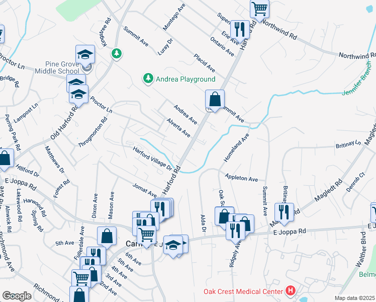 map of restaurants, bars, coffee shops, grocery stores, and more near 9805 Harford Road in Parkville