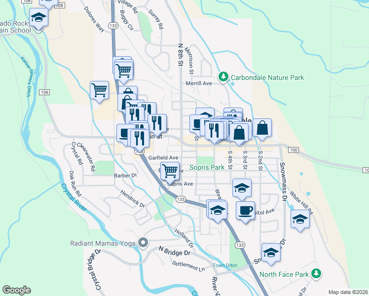 map of restaurants, bars, coffee shops, grocery stores, and more near 60 South 8th Street in Carbondale
