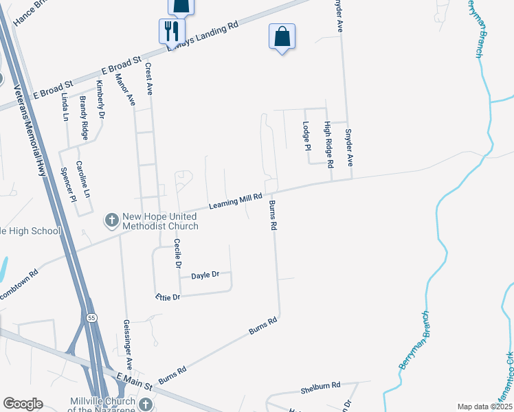 map of restaurants, bars, coffee shops, grocery stores, and more near 2437 Newcombtown Road in Millville