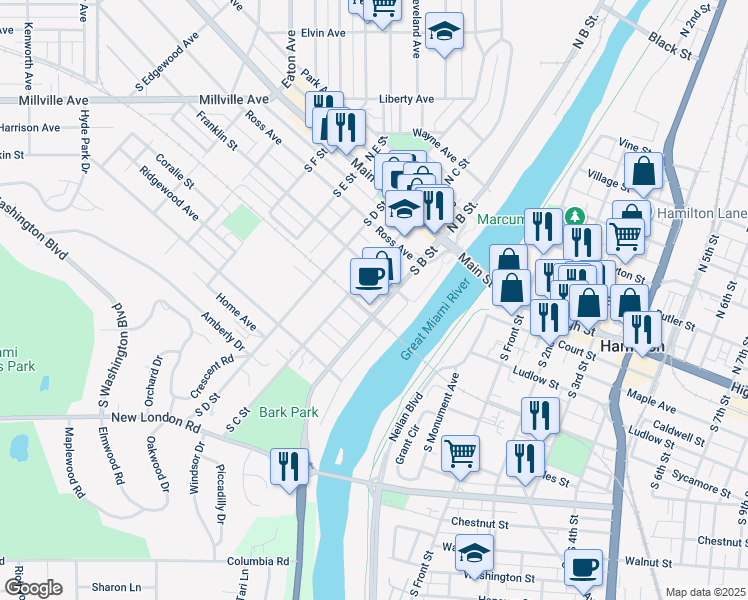 map of restaurants, bars, coffee shops, grocery stores, and more near 223 South B Street in Hamilton