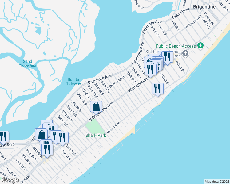map of restaurants, bars, coffee shops, grocery stores, and more near 206 19th Street South in Brigantine