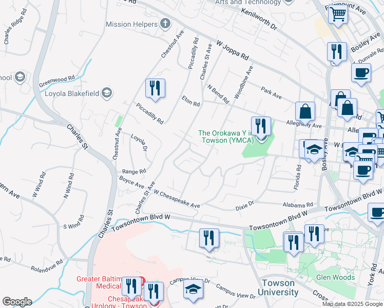 map of restaurants, bars, coffee shops, grocery stores, and more near 607 Marwood Road in Towson