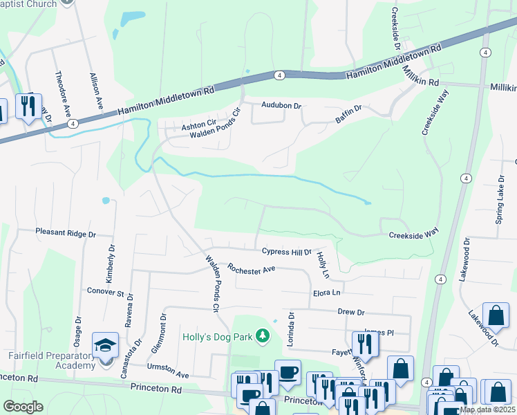 map of restaurants, bars, coffee shops, grocery stores, and more near 6729 Creekside Way in Hamilton