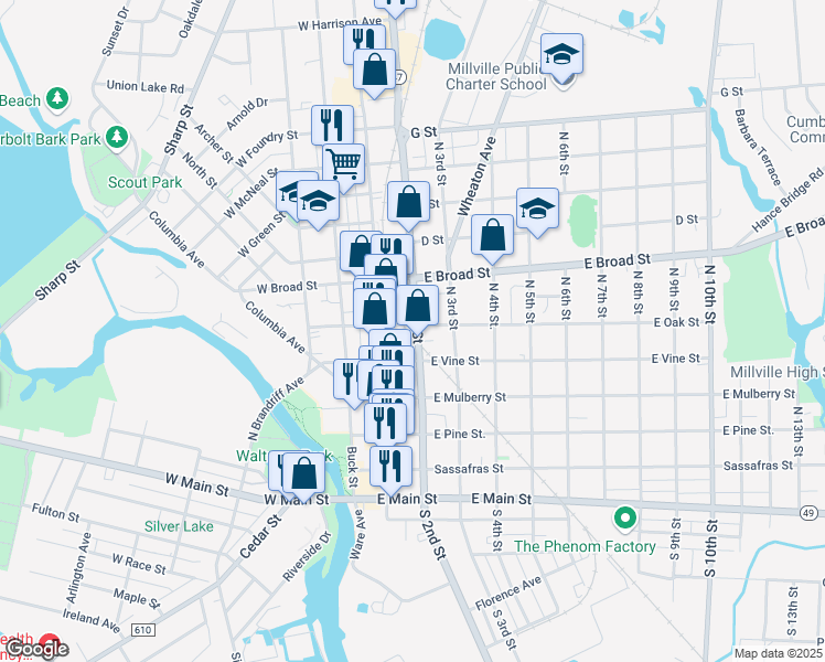map of restaurants, bars, coffee shops, grocery stores, and more near 426 N 2nd St in Millville