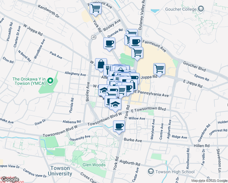 map of restaurants, bars, coffee shops, grocery stores, and more near 409 Washington Avenue in Towson