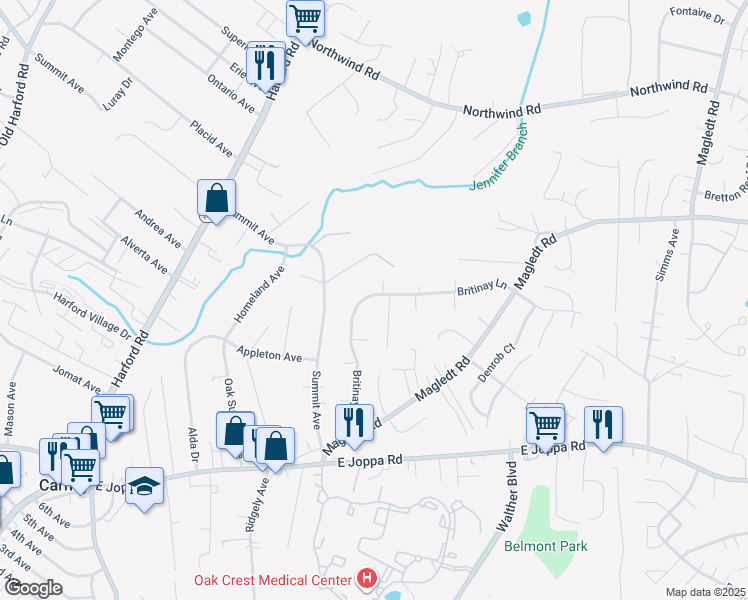 map of restaurants, bars, coffee shops, grocery stores, and more near 9825 Britinay Lane in Parkville