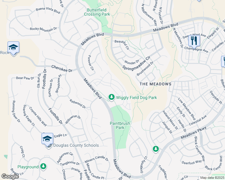 map of restaurants, bars, coffee shops, grocery stores, and more near 3719 Pecos Trail in Castle Rock