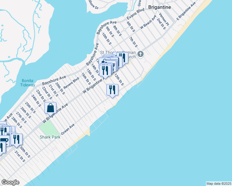 map of restaurants, bars, coffee shops, grocery stores, and more near 1319 Ocean Avenue in Brigantine