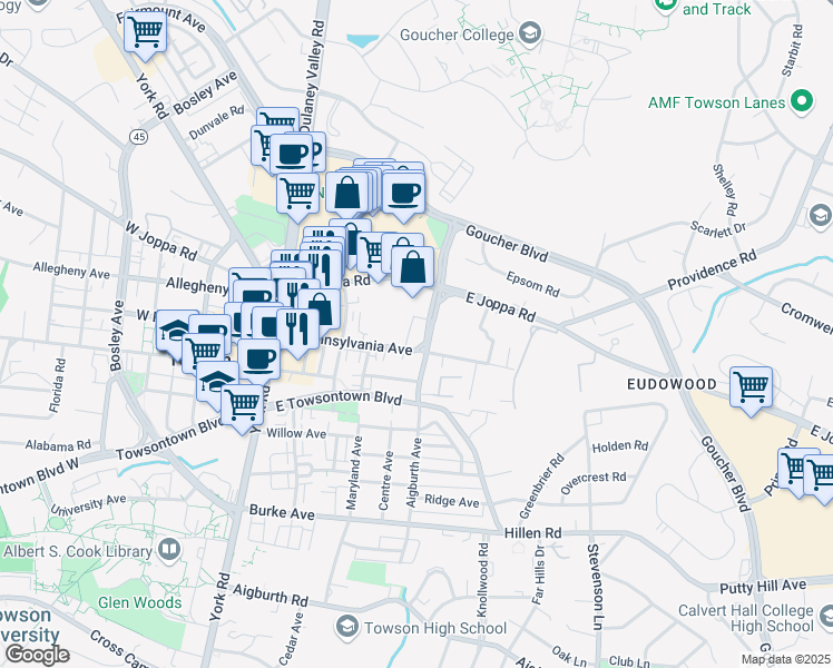 map of restaurants, bars, coffee shops, grocery stores, and more near 501 Fairmount Avenue in Towson