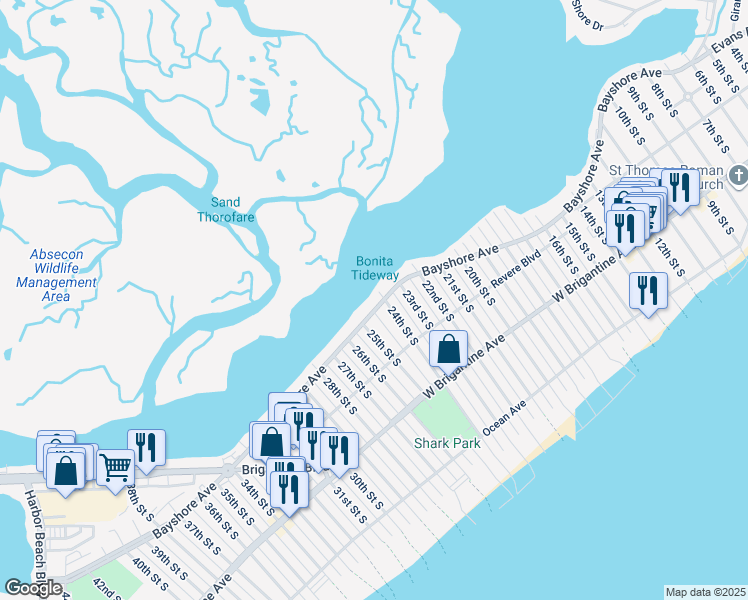 map of restaurants, bars, coffee shops, grocery stores, and more near 2407 Bayshore Avenue in Brigantine