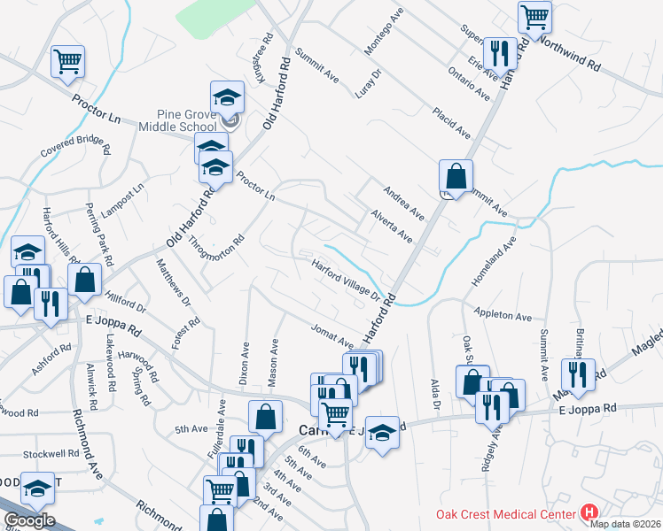 map of restaurants, bars, coffee shops, grocery stores, and more near 2 Peabody Court in Parkville
