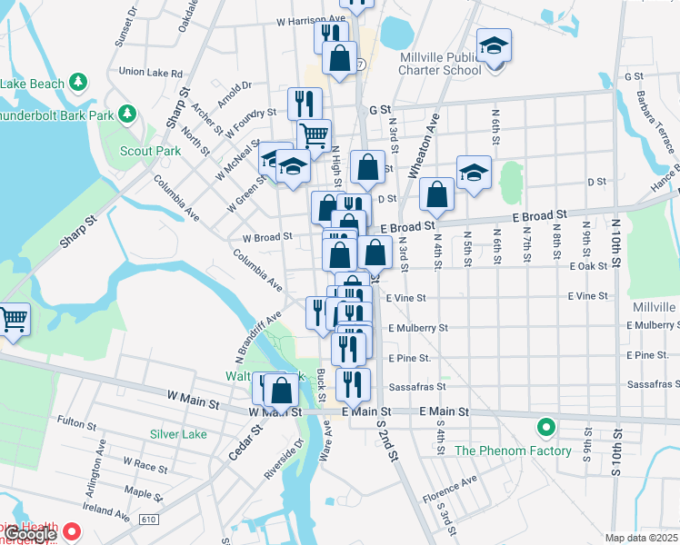 map of restaurants, bars, coffee shops, grocery stores, and more near 434 North High Street in Bridgeton