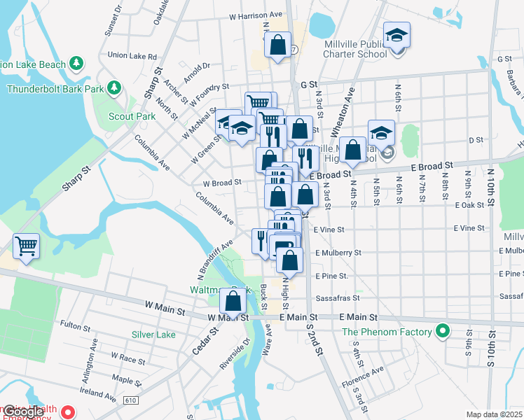 map of restaurants, bars, coffee shops, grocery stores, and more near 8 West Oak Street in Millville