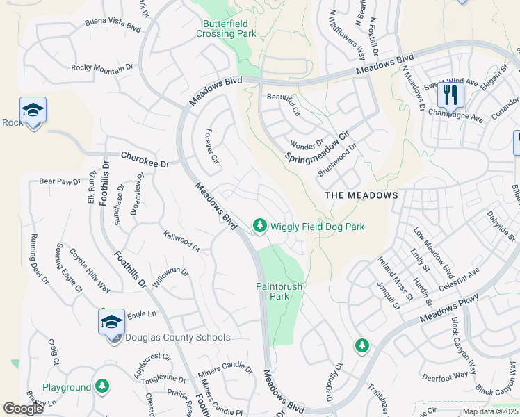 map of restaurants, bars, coffee shops, grocery stores, and more near 3719 Pecos Trail in Castle Rock