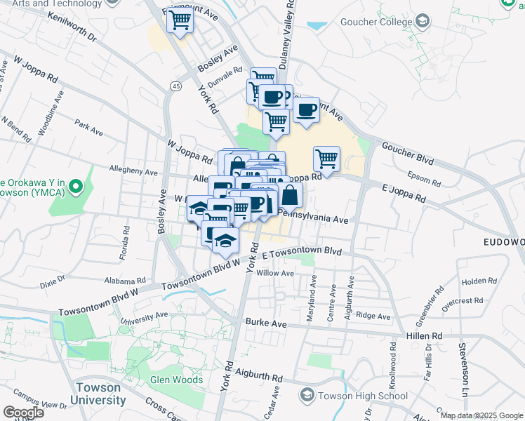 map of restaurants, bars, coffee shops, grocery stores, and more near 494 York Road in Towson