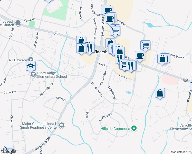 map of restaurants, bars, coffee shops, grocery stores, and more near 6315 Maryland 32 in Eldersburg
