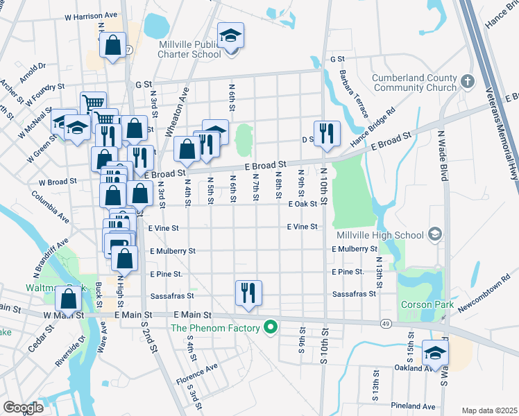 map of restaurants, bars, coffee shops, grocery stores, and more near 701 East Oak Street in Millville