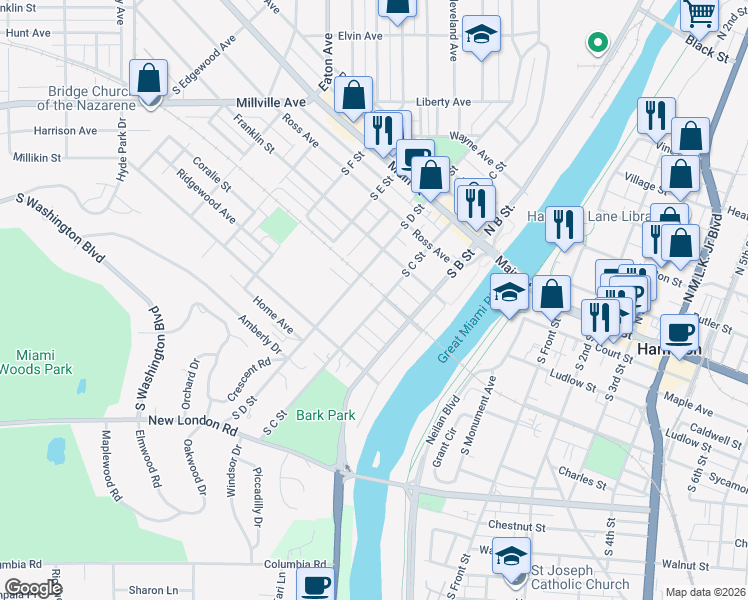 map of restaurants, bars, coffee shops, grocery stores, and more near 311 South C Street in Hamilton