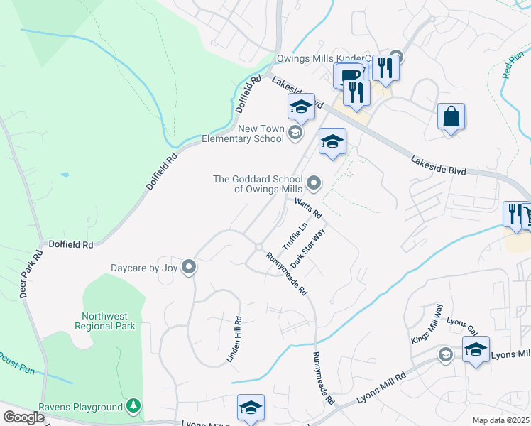map of restaurants, bars, coffee shops, grocery stores, and more near 4715 Avatar Lane in Owings Mills