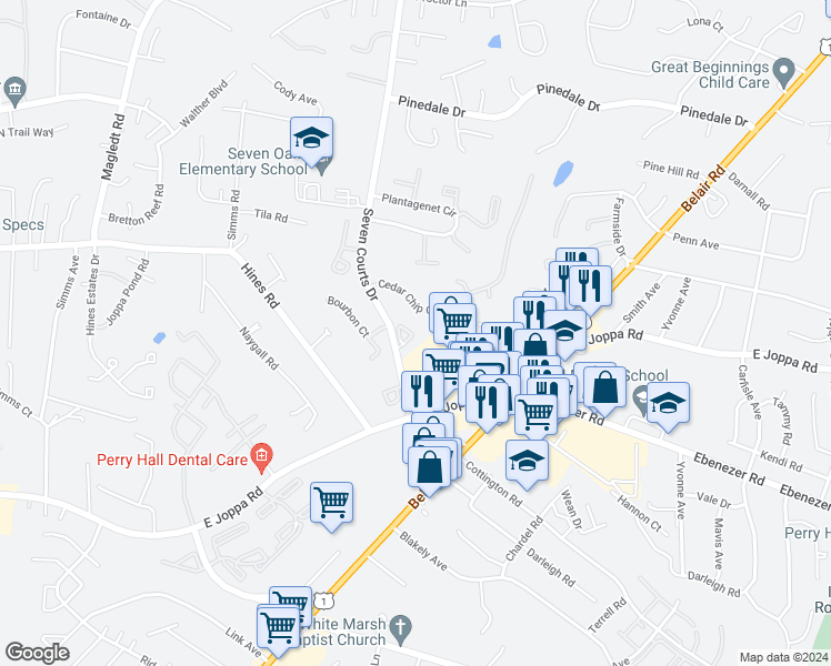 map of restaurants, bars, coffee shops, grocery stores, and more near 9105E Lincolnshire Court in Baltimore
