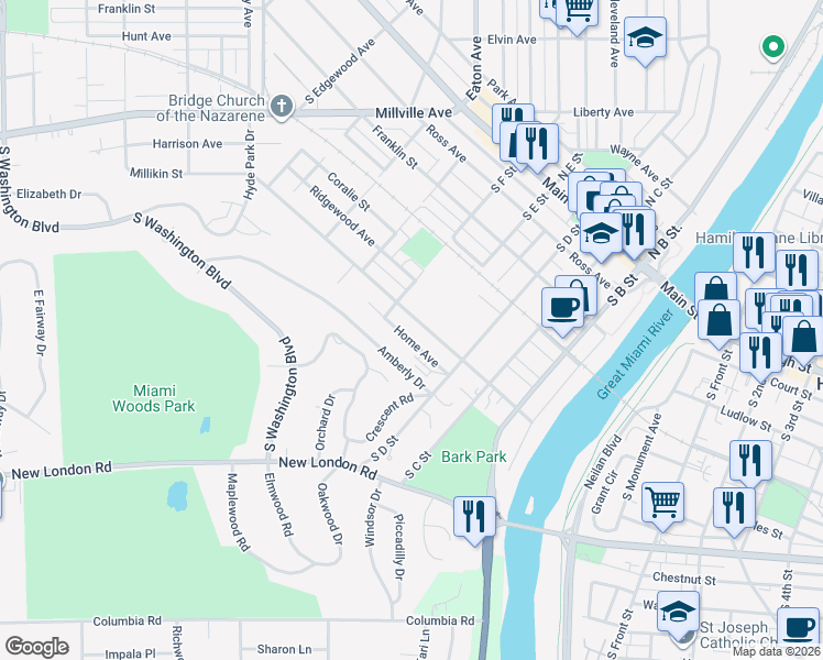 map of restaurants, bars, coffee shops, grocery stores, and more near 405 Millikin St in Hamilton