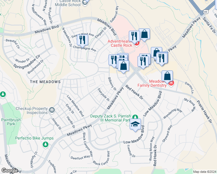 map of restaurants, bars, coffee shops, grocery stores, and more near 3680 Penang Drive in Castle Rock