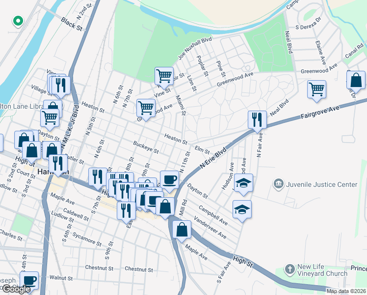 map of restaurants, bars, coffee shops, grocery stores, and more near 1017 Heaton Street in Hamilton