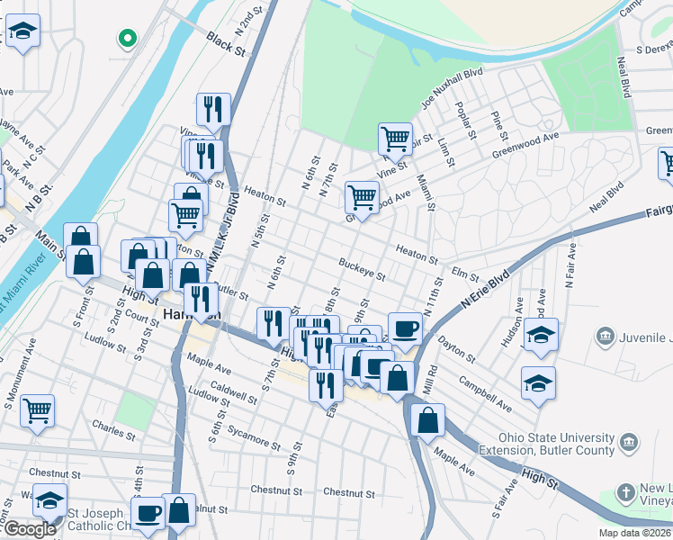 map of restaurants, bars, coffee shops, grocery stores, and more near 733 Buckeye Street in Hamilton