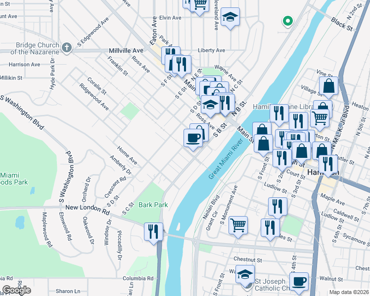 map of restaurants, bars, coffee shops, grocery stores, and more near 311 South C Street in Hamilton