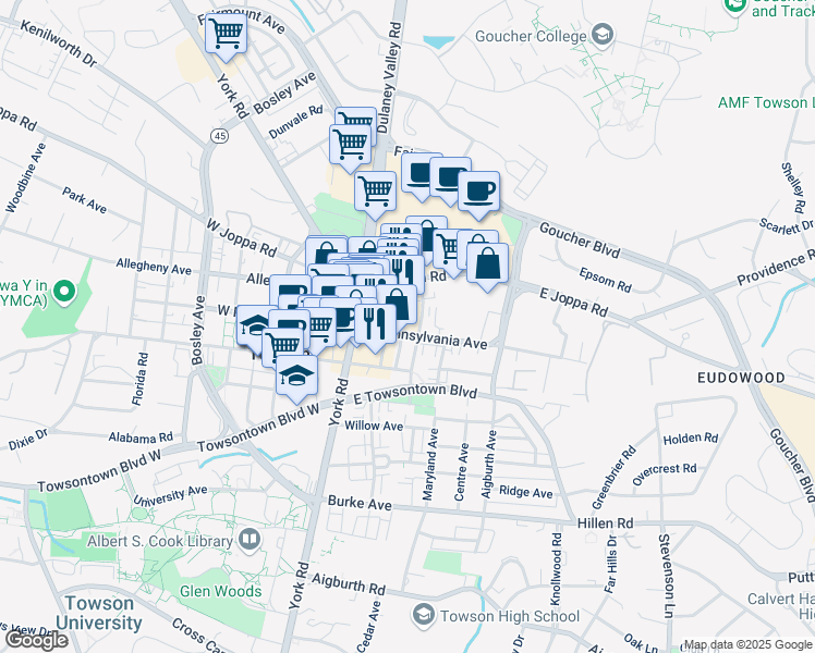 map of restaurants, bars, coffee shops, grocery stores, and more near 109 E Pennsylvania Ave in Towson