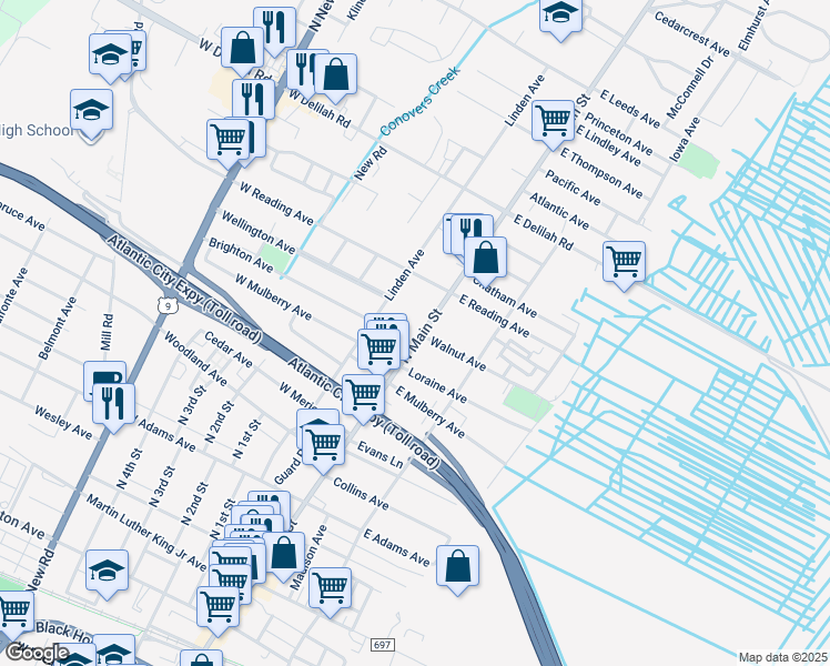 map of restaurants, bars, coffee shops, grocery stores, and more near 705 North Main Street in Pleasantville