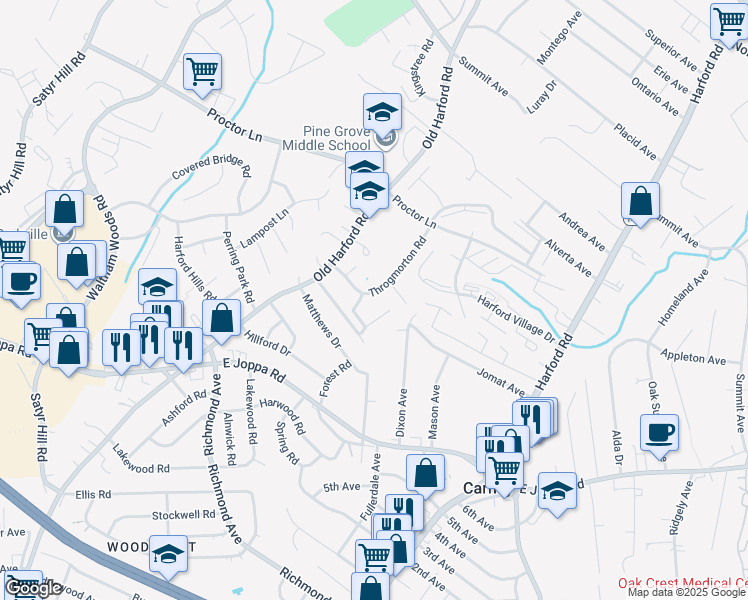 map of restaurants, bars, coffee shops, grocery stores, and more near 9023 Throgmorton Road in Parkville