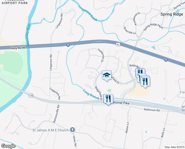 map of restaurants, bars, coffee shops, grocery stores, and more near 6133 Springwater Place in Frederick