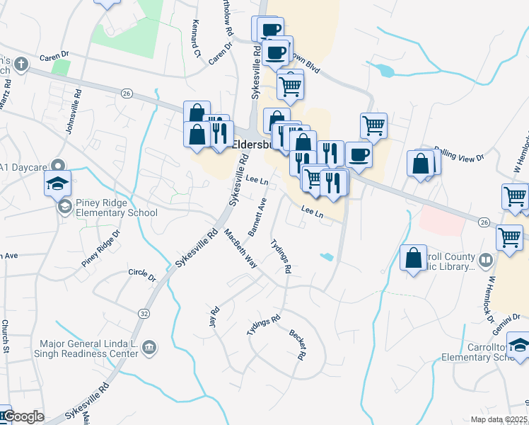 map of restaurants, bars, coffee shops, grocery stores, and more near 6341 Barnett Avenue in Sykesville