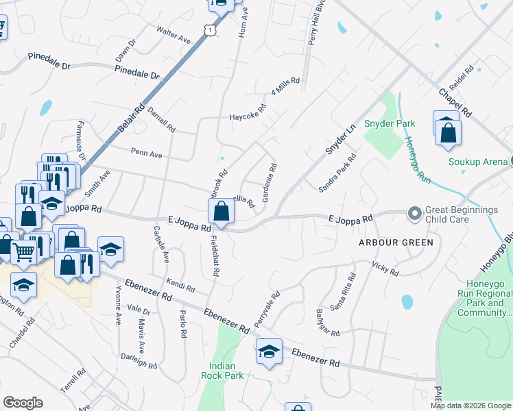 map of restaurants, bars, coffee shops, grocery stores, and more near 4430 Camellia Road in Nottingham