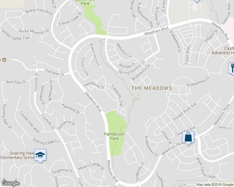 map of restaurants, bars, coffee shops, grocery stores, and more near 3739 Tranquility Trail in Castle Rock