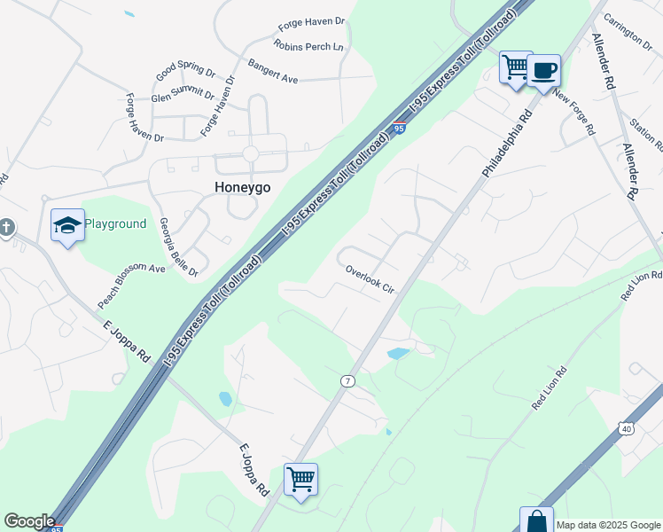 map of restaurants, bars, coffee shops, grocery stores, and more near 5510 Overlook Circle in White Marsh
